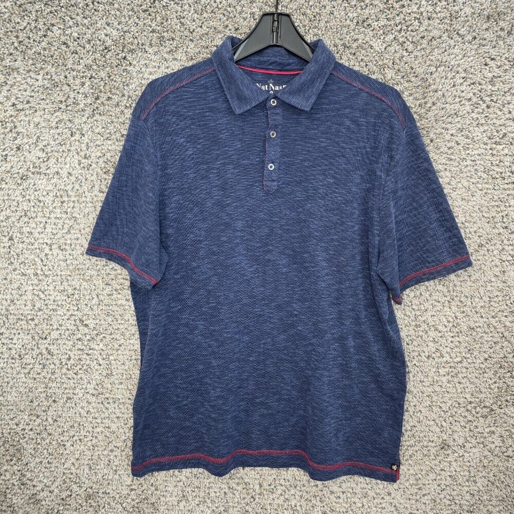Nat Nast Mens Shirt Polo Blue Large Textured Polyester‎ Blend Contrast Stitch